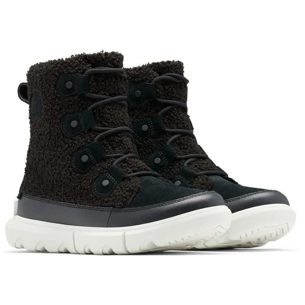 Sorel Explorer II Joan short flat black sherpa furry lace up suede boots kids 3